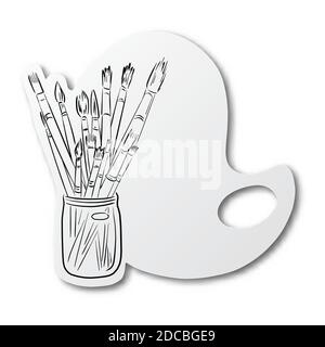 black line hand drawn of paint brush on palette shape cut paper with shadow isolated on white background. Education concept. Stock Vector