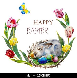 spring easter watercolor background wreath design frame with flowers, rabbit and eggs from original hand paint tulips illustration, red, yellow, pink Stock Photo