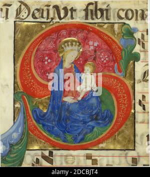 Manuscript Illumination with the Virgin and Child in an Initial S, from an Antiphonary, Italian, mid-15th century. Stock Photo