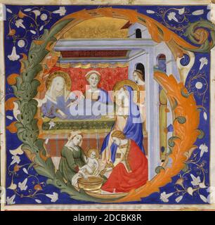 Manuscript Illumination with the Birth of the Virgin in an Initial G, from a Gradual, Italian, ca. 1375. Saint Anne gazes down as midwives bathe her child. Stock Photo