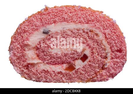 Slice of M&S Percy Pig sponge roll cake set on white background - pink sponge roll filled with Percy Pig flavour buttercream and fluffy jelly pieces Stock Photo