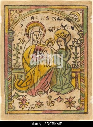 German 15th Century, (artist), Saint Anne with the Madonna and Child, 1470/1500, woodcut, hand-colored in yellow, green, red Stock Photo