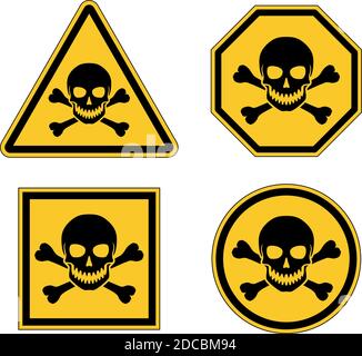 Different yellow warning or danger road sign with skull and crossbones vector illustration Stock Vector