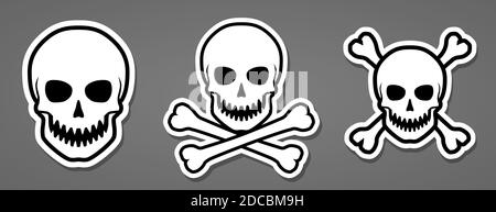 Evil human skull symbol with sharp teeth and crossbones button or sticker vector illustration Stock Vector