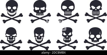 Different human skull icons with crossbones poison and jolly roger symbols vector illustration Stock Vector