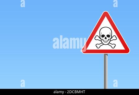 Warning or danger road sign with skull and crossbones with red frame and blue sky background vector illustration Stock Vector