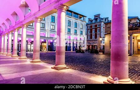 Christmas Lighting at Night On The Colonnade in Covent Garden Stock Photo
