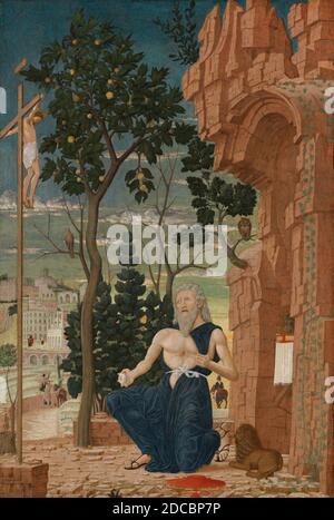 Anonymous Artist, (painter), Andrea Mantegna, (related artist), Paduan, c. 1431 - 1506, Saint Jerome in the Wilderness, c. 1475, tempera on poplar panel, painted surface: 78.4 x 53 cm (30 7/8 x 20 7/8 in.), support: 80.7 x 55 cm (31 3/4 x 21 5/8 in.), framed: 102.6 x 76.2 cm (40 3/8 x 30 in Stock Photo