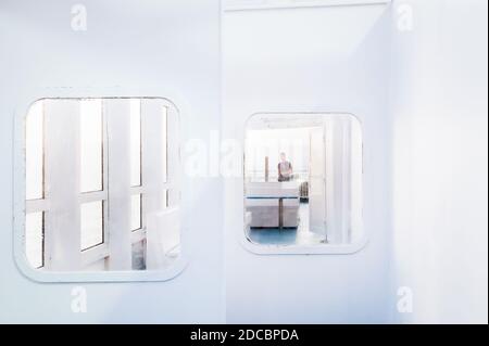 Shots of the windows and deck walls of a ferry crossing between Corsica and Nice France. Stock Photo