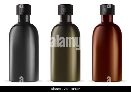 Brown glass medicine bottle. Essential oil vial isolated on white, amber, green and black template. Liquid pharmaceutical cyrup container design, apot Stock Vector