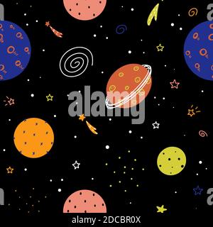 Cute nursery childish space seamless pattern with planets, stars, galaxies and abstract elements hand drawn in Scandinavian style vector illustration. Stock Vector