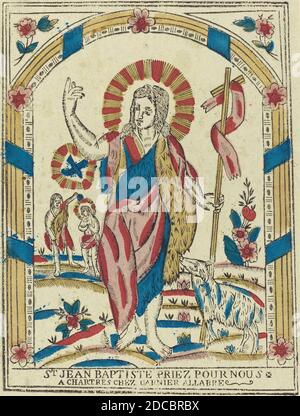 French 19th Century, (artist), Saint John the Baptist Pray for Us, c. 1820, hand-colored woodcut on blue laid paper, image: 34.5 x 26.1 cm (13 9/16 x 10 1/4 in.), sheet: 39.7 x 30.2 cm (15 5/8 x 11 7/8 in Stock Photo