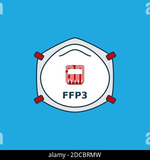 FFP3 respirator face mask. Coronavirus, COVID-19 or asbestos protection. Color icon on blue background. Respiratory protective device, 99% filtration Stock Vector