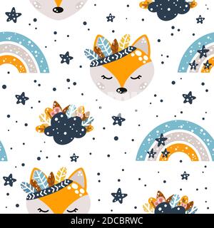 Cute nursery seamless pattern in boho style with fox, clouds, rainbows and feathers with floral elements isolated on white background Scandinavian sty Stock Vector