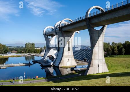 Elevated section of canal at the Falkirk Wheel rotating boat lift in Falkirk, Scotland, UK Stock Photo