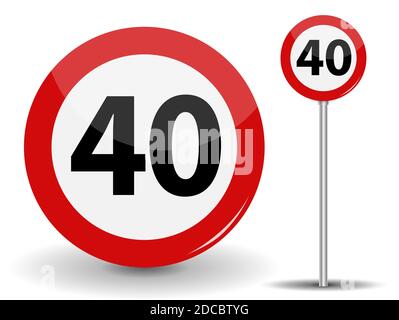 Round Red Road Sign Speed limit 40 kilometers per hour. Illustration. Stock Photo