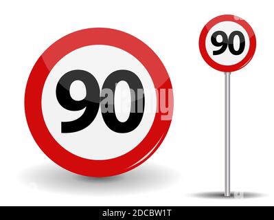 Round Red Road Sign Speed limit 90 kilometers per hour. Illustration. Stock Photo