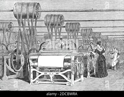 Interior of a Power-Loom factory, 1844. 'We are persuaded that the annexed engraving will be interesting to our readers, in connection with the great question of &quot;The Factory Bill,&quot; which has just been disposed of by the Legislature.The power-loom is now generally used in the cotton manufacture, for the weaving of plain cloth, and for the various kinds of twilled and figured goods; and Dr. Cooke Taylor considers that manual labour, at least for the coarser kinds of goods, must rapidly fall into disuse. In one respect, the power-loom has a very obvious advantage over the hand-loom...t Stock Photo