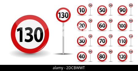 Round Red Road Sign Speed limit 10-130 kilometers per hour. Illustration. Stock Photo