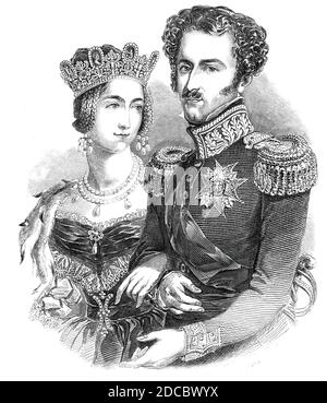 Their Majesties the King and Queen of Sweden and Norway, 1844. Portrait of Josephine of Leuchtenberg and Oscar I of Sweden. From &quot;Illustrated London News&quot;, 1844, Vol I. Stock Photo