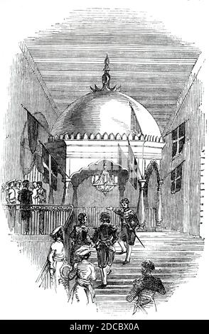 The Grand Staircase, 1844. The grand staircase of the Town Hall in Calcutta [Kolkata], decorated with flags, in honour of Edward Law, 1st Earl of Ellenborough, who was Governor-General of India between 1842 and 1844. From &quot;Illustrated London News&quot;, 1844, Vol I. Stock Photo