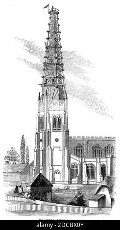 Thaxted Church Spire, 1844. View of Thaxted Parish Church which dates from 1340. 'One of the points selected for the purposes of the Trigonometrical Survey of England, now in active progress, under the superintendence of the officers of the Royal Engineers (Sappers and Miners), is the spire of Thaxted Church, near Epping, in Essex. The church is one of considerable beauty, of a late period of Gothic architecture...It consists of a nave, with a clerestory, aisles, chancel, transept (north and south), porches,&#xa0;and a tower surmounted by an elegant spire, nearly 200 feet high. Around the spir Stock Photo