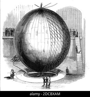 Immense Copper Balloon at Paris, 1844. 'Electrical and magnetic phenomena' containing hydrogen gas, built by M. Marey-Monge, for studying atmospheric currents, and preventing the formation of hail, 'so destructive to agriculture'. From &quot;Illustrated London News&quot;, 1844, Vol I. Stock Photo