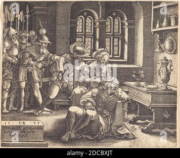 Hans Brosamer, (artist), German, c. 1500 - 1552 or 1554, Samson and Delilah, 1545, engraving, sheet (trimmed to plate mark): 8.1 x 9.8 cm (3 3/16 x 3 7/8 in Stock Photo