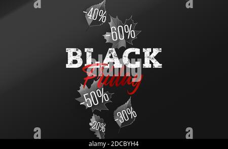 Black Friday Sale with autumn leaves with sale discount percent numbers falling down Stock Vector