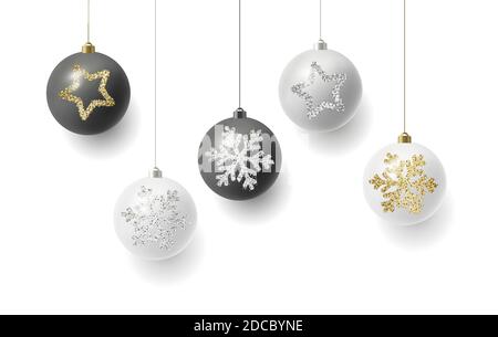 Christmas balls hanging on strings, white and black colour with silver and golden illustrations of snowflakes and stars, luxury premium gift Stock Vector