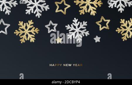Background with silver and golden metal particles forming shiny shapes of snowflakes and stars on dark night sky Stock Vector