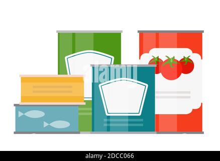 Set of Cans Template in Modern Flat Style Isolated on White. Material for Design. Illustration Stock Photo