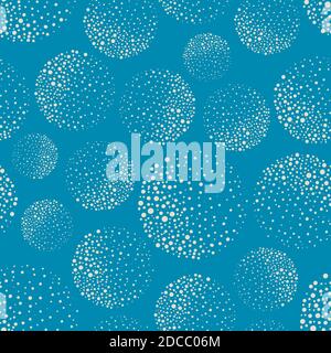 Abstract white dotted circles with texture shading effect. Seamless vector pattern on aqua blue background. Round spheres backdrop with handcrafted Stock Vector