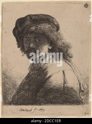 Rembrandt van Rijn, (artist), Dutch, 1606 - 1669, Self-Portrait in a Cap and Scarf with the Face Dark, 1633, etching on laid paper, sheet (trimmed to plate mark): 13.6 x 10.7 cm (5 3/8 x 4 3/16 in Stock Photo