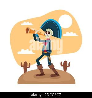 dia de los muertos celebration card with mariachi skeleton playing trumpet vector illustration design Stock Vector