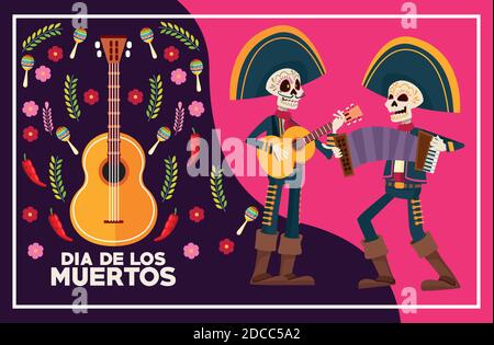 dia de los muertos celebration card with skeletons mariachis playing instruments vector illustration design Stock Vector