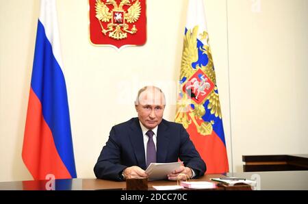 Moscow, Russia. 20th Nov, 2020. Russian President Vladimir Putin delivers an address to participants in the Nuremberg Lessons international forum by video conference from the official Novo-Ogaryovo state residence November 20, 2020 outside Moscow, Russia. Credit: Aleksey Nikolskyi/Kremlin Pool/Alamy Live News Stock Photo