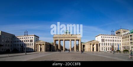 Berlin, Germany. 23rd Apr, 2020. Blue skies can be seen over the Brandenburg Gate and Pariser Platz. Credit: Paul Zinken/dpa-Zentralbild/ZB/dpa/Alamy Live News Stock Photo