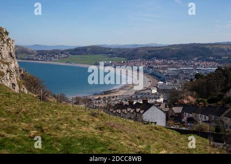 A panoramic view of the Llandudno North shore and town from the southern slopes of the Great Orme headland in North Wales. Stock Photo