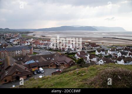 A view from the Great Orme of Llandudno West shore, Deganwy, Conwy estuary, Penmaenmawr and Snowdonia beyond in North Wales, U.K. Stock Photo