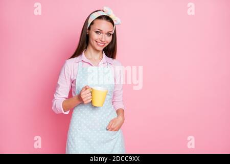 Portrait of her she nice-looking attractive lovely cite pretty cheerful cheery brown-haired housewife drinking coffee milk cacao stay home quarantine Stock Photo