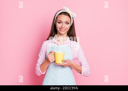 Portrait of her she nice-looking attractive lovely charming pretty cheerful cheery brown-haired housewife drinking cacao stay home quarantine health Stock Photo