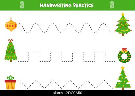 Tracing lines between Christmas trees and present box, wreath and ball. Handwriting practice. Stock Vector