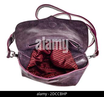 top view of open empty handcrafted crossbody bag with red lining handmade from soft genuine leather isolated on white background Stock Photo
