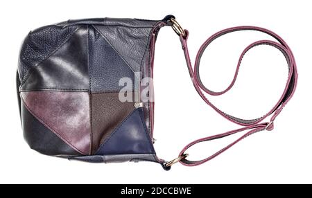 front view of handcrafted leather crossbody bag with patchwork decoration isolated on white background Stock Photo