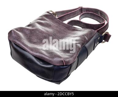 bottom view of handcrafted leather crossbody hobo bag isolated on white background Stock Photo