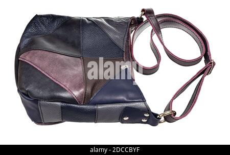 handcrafted patchwork leather crossbody bag isolated on white background Stock Photo