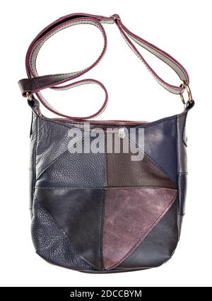 front view of handcrafted leather crossbody bag with patchwork ornament isolated on white background Stock Photo