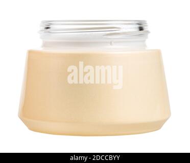 side view of open shiny jar for cosmetic cream isolated on white background Stock Photo