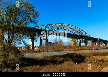 Burlington Bay James N. Allan Skyway part of the Queen Elizabeth Way Highway system. Hamilton Ontario Canada. Stock Photo